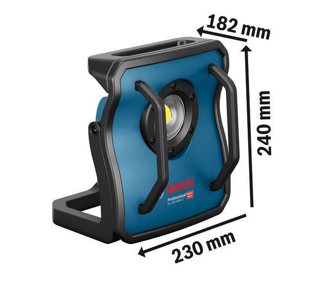 مصباح Bosch GLI 18V-4000 C اللاسلكي لمواقع العمل مع قياسات الحجم.