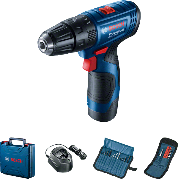 مجموعة المثقاب اللاسلكي Bosch GSB 120-LI مع الملحقات.