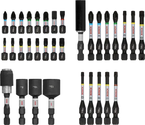 مجموعة رؤوس مفكات البراغي Bosch PRO Impact، 33 قطعة، رؤوس مرمزة بالألوان.