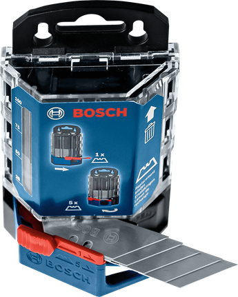 يتم تمديد شفرات السكين بشكل جزئي من موزع بلاستيكي باللونين الأزرق والأسود.