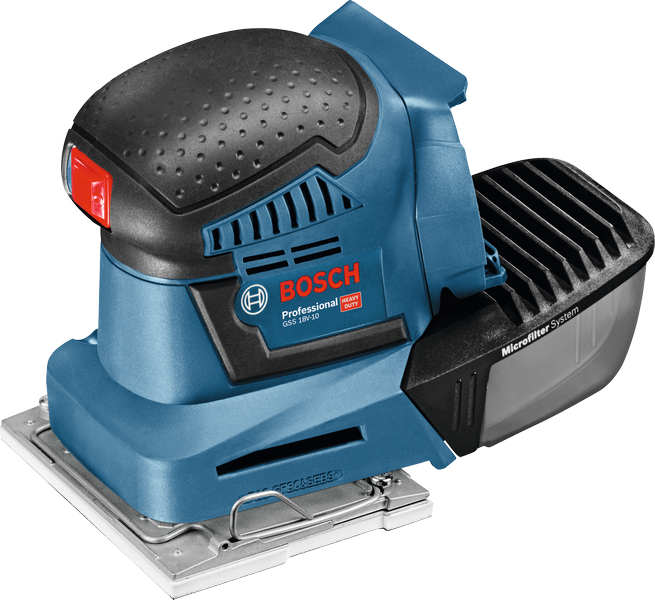 ماكينة صنفرة مدارية لاسلكية من Bosch GSS 18V-10 مزودة بفلتر دقيق.