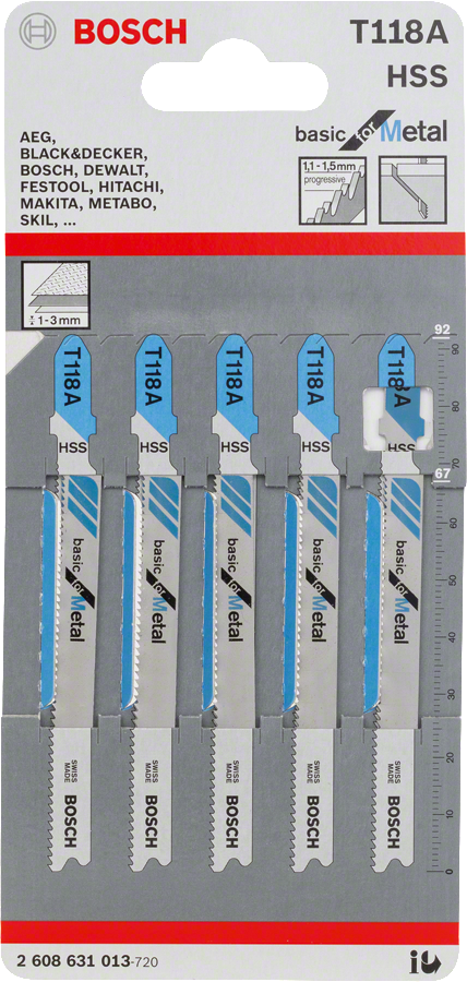 Bosch jigsaw blades T 118 A for metal, HSS 92mm.