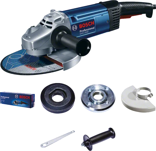 Bosch GWS 2000 angle grinder with accessories.