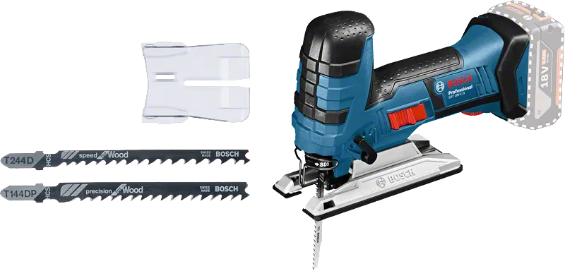 Bosch GST 18 V-LI S cordless jigsaw with wood blades.