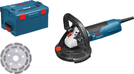 Bosch GBR 15 CAG concrete grinder with case and diamond wheel.