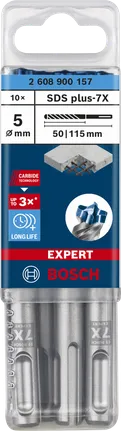Bosch SDS plus-7X 5×50×115 mm hammer drill bits 10-pack.