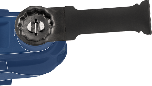 Black auxiliary handle attached to a blue power tool housing.