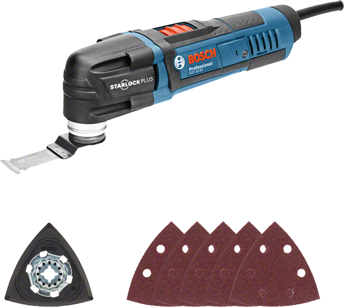 Bosch GOP 30-28 multi-tool with Starlock Plus blade and sanding pads.