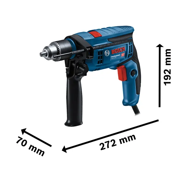 Bosch GSB 13 RE drill with size measurements shown.