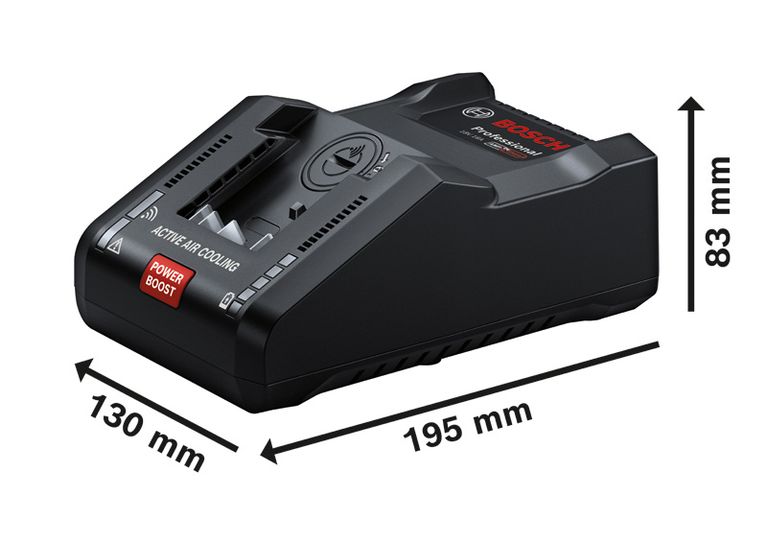 Bosch GAL 18V-160 C charger with dimensions shown.