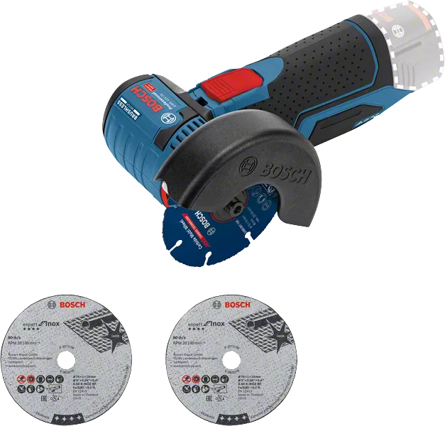 Bosch GWS 12V-76 cordless angle grinder with cutting discs.