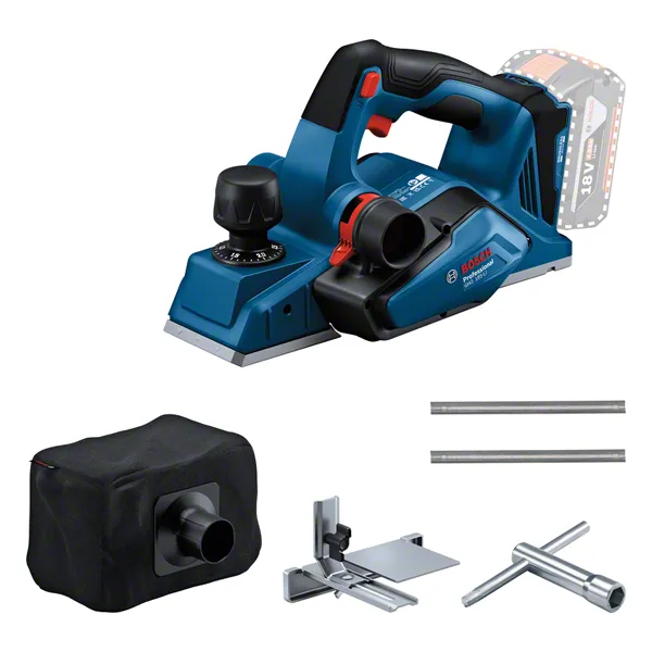 Bosch GHO 185-LI cordless planer with dust bag and accessories.