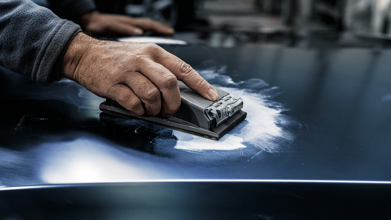 Person sanding a metal surface in a workshop.