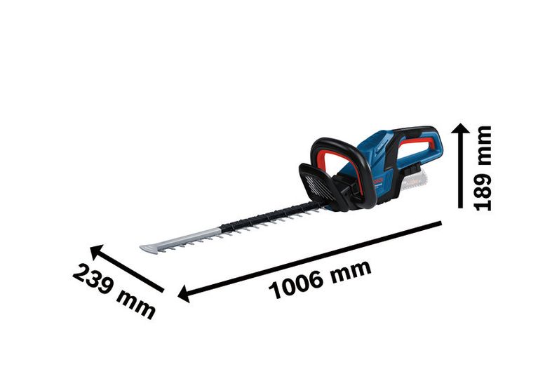 Bosch GHE 18V-50 cordless hedgecutter with blade length dimensions.