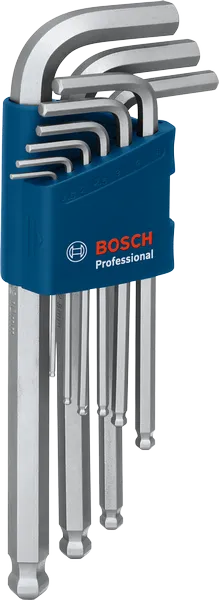 Bosch hex key set with nine Allen wrenches in holder.
