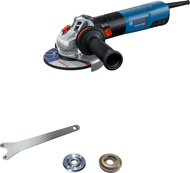 Bosch GWS 20-150 angle grinder with side handle and accessories.
