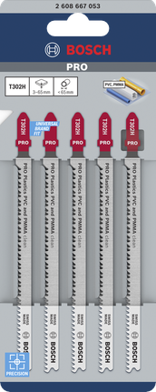 Bosch PRO Plastics T302H jigsaw blades for PVC and PMMA, 5 pack.