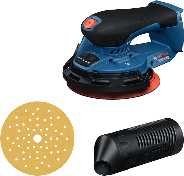 Bosch GEX 18V-150 random orbit sander with pad and dust filter.