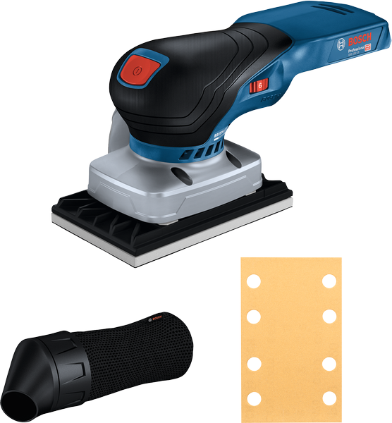 Bosch GSS 18V-13 cordless orbital sander with filter and sanding sheet.