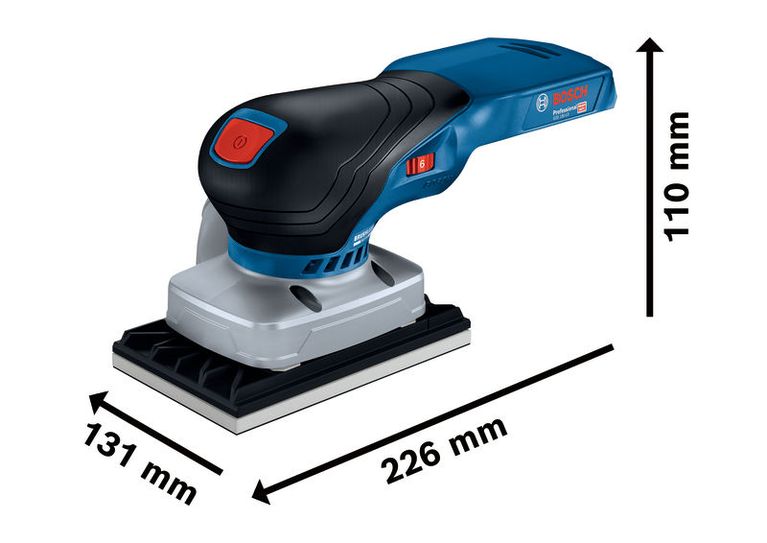 Bosch GSS 18V-13 cordless orbital sander with dimensions.