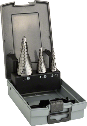 Juego de 3 brocas escalonadas HSS de Bosch en estuche de almacenamiento.