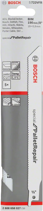 Hoja de sierra recíproca bimetálica Bosch S 722 VFR para reparación de palets.