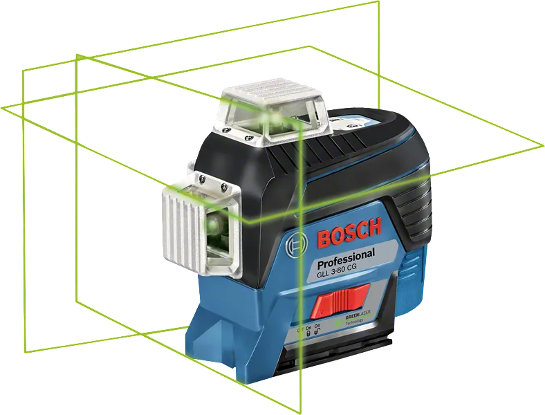 Herramienta niveladora láser Bosch GLL 3-80 CG con líneas láser verdes.
