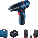 Taladro inalámbrico Bosch GSB 120-LI con maletín y baterías.