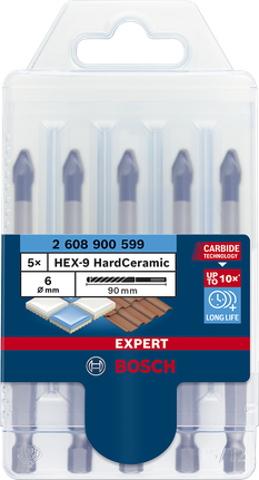Juego de brocas Bosch EXPERT HEX-9 de 6 mm para cerámica dura, ideales para azulejos.