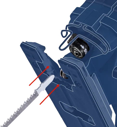Hoja de sierra de calar insertada en la base de una herramienta eléctrica azul.