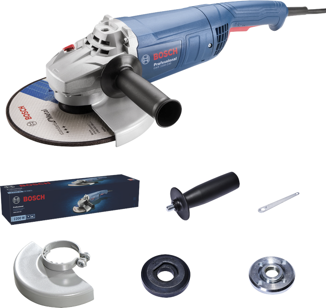 Amoladora angular Bosch GWS 2200-230 con accesorios.