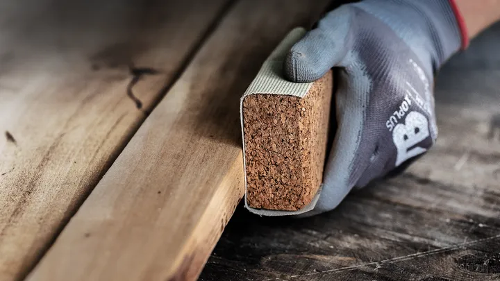 Persona que usa equipo de seguridad lijando madera con un bloque de lijado.