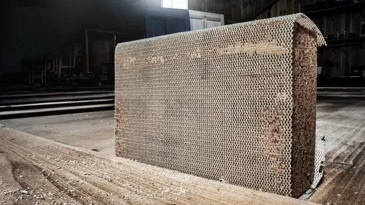 Una sección de madera compuesta con estructura de panal con aserrín en el piso.