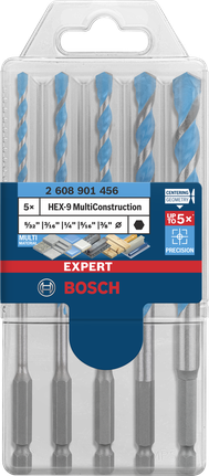 Juego de brocas Bosch EXPERT HEX-9 MultiConstruction, 5 piezas, 5/32″–3/8″.