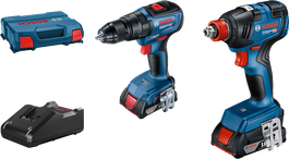 Kit combinado Bosch de 18 V con taladro, destornillador de impacto, cargador y estuche.