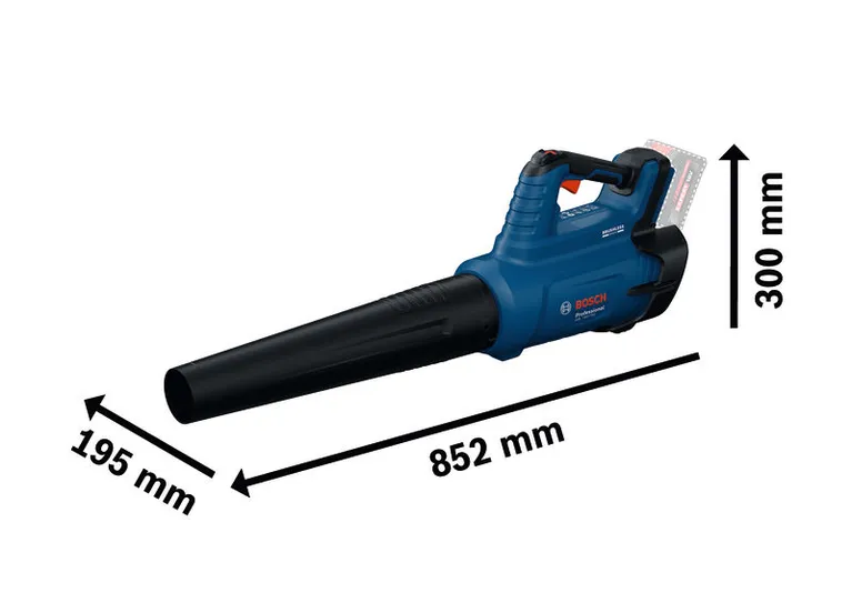 Soplador de hojas inalámbrico Bosch GBL 18V-750 con dimensiones.