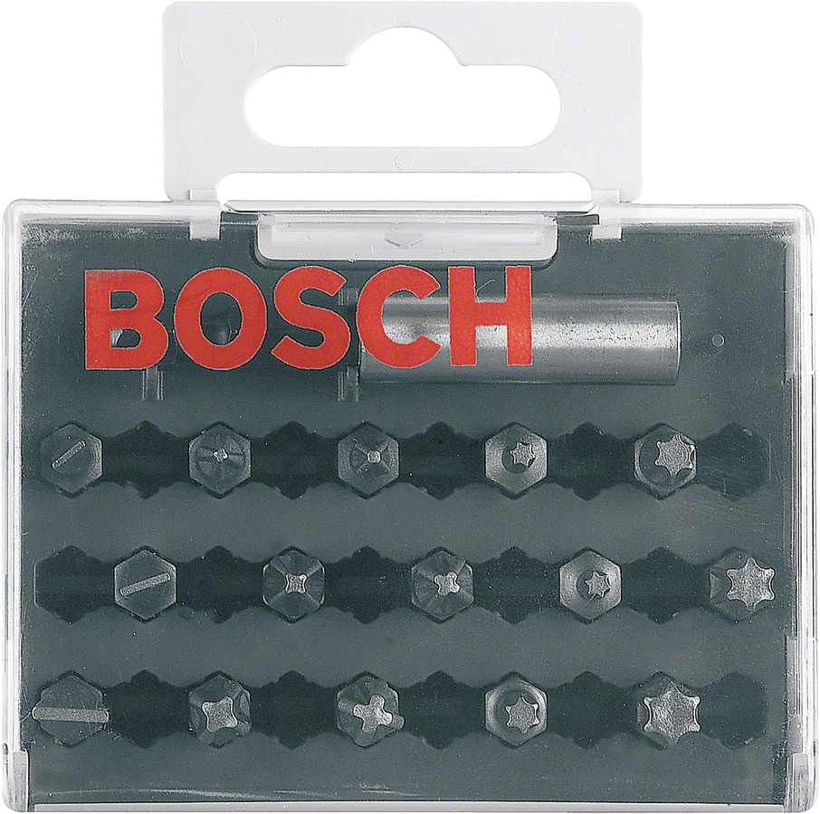 Juego de puntas de destornillador Bosch con cabezales surtidos en estuche.