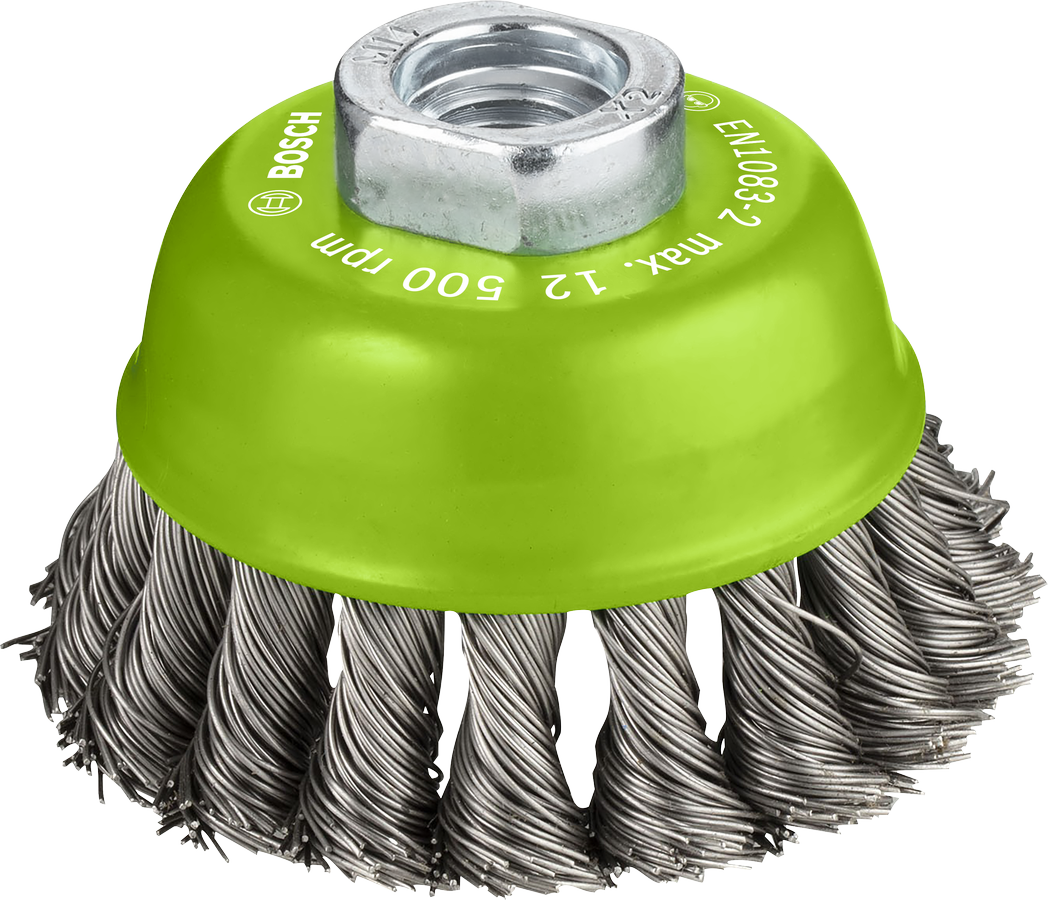 Cepillo de copa de acero inoxidable Bosch PRO de 75 mm para amoladoras angulares.