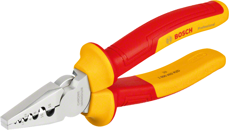 Alicate de crimpado Bosch VDE de 180 mm con mangos aislados.
