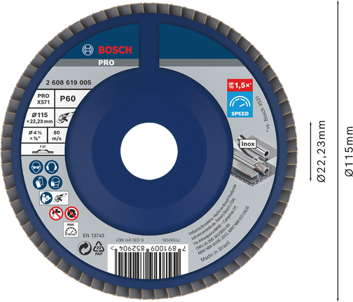 Disco de láminas Bosch PRO X571 115 mm G60 para desbaste de metales.