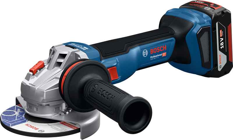 Amoladora angular inalámbrica Bosch GWS 18V-11 con batería de 5 Ah.