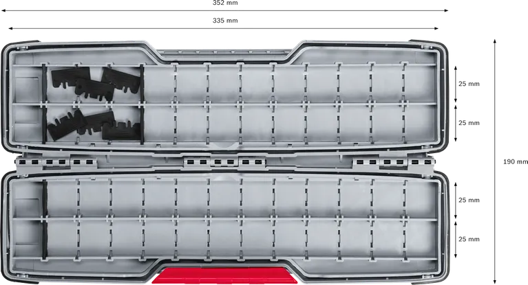 Caja Bosch PRO Tough Box grande para accesorios con separadores internos.