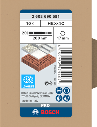 Cincel plano Bosch PRO HEX-4C 17 mm 280 mm 10 uds.