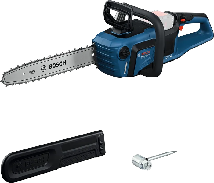 Motosierra inalámbrica Bosch GKE 18V-40 con funda y herramienta.