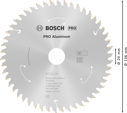 Hoja de sierra circular inalámbrica Bosch PRO Aluminum, 136 mm.