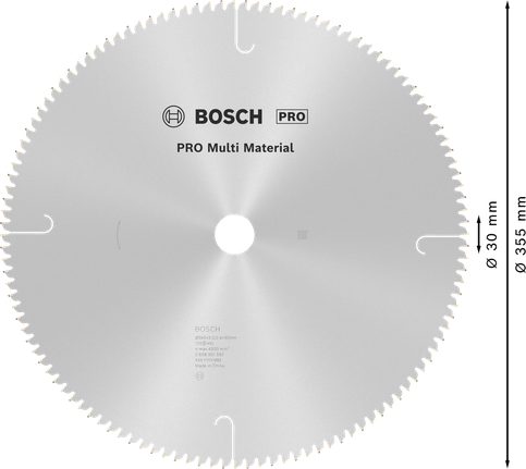 Hoja de sierra circular multimaterial Bosch PRO de 355 mm y 120 dientes.