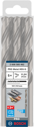 Juego de brocas helicoidales Bosch PRO Metal HSS-G de 15/32 pulgadas.