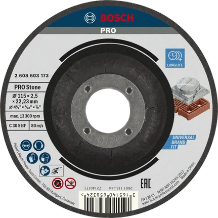 Disco de corte de piedra Bosch PRO de 115 mm para un corte de piedra duradero.