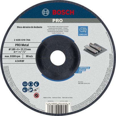 Disco de desbaste de metal Bosch PRO de 180 mm de larga duración.
