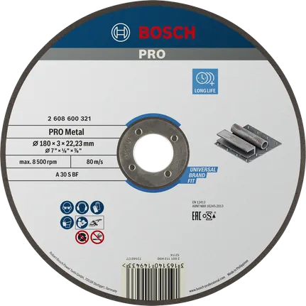 Disco de corte con aglomerante metálico Bosch PRO 180 x 3 x 22,23 mm.